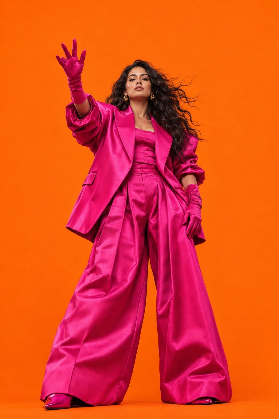 Creadora con traje fucsia oversize sobre fondo naranja, mirando a cámara
