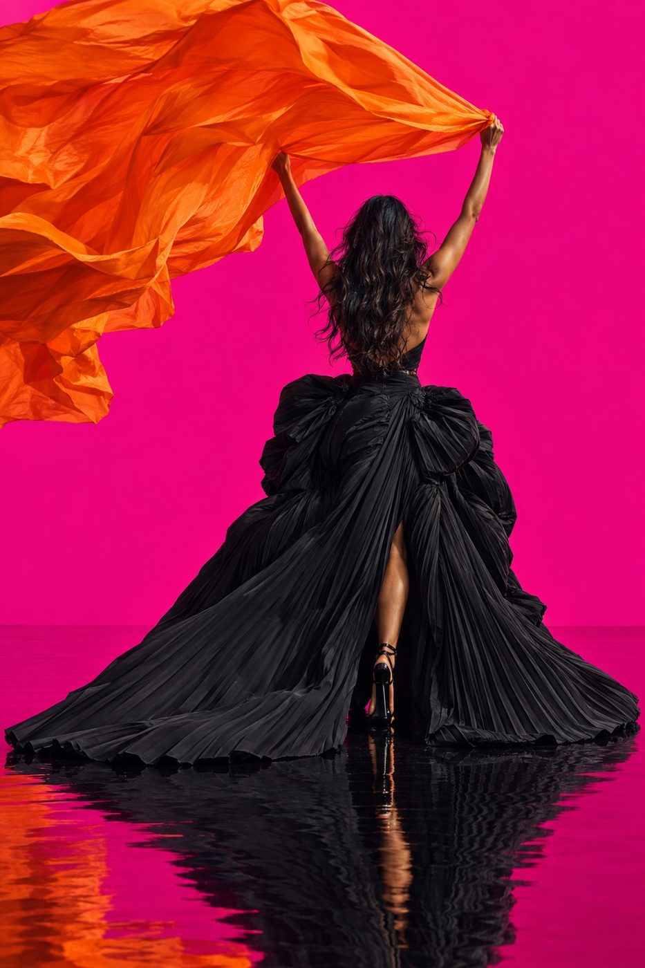 Creadora de espaldas caminando hacia una luz fucsia con una tela naranja al viento