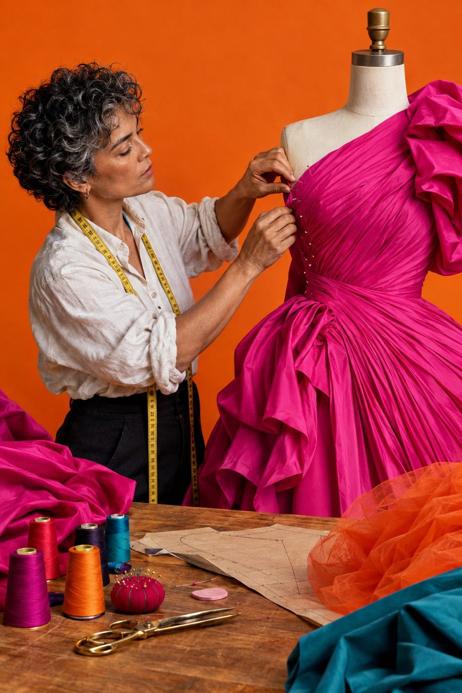 Manos de una patronista prendiendo un tejido fucsia plisado sobre un maniquí