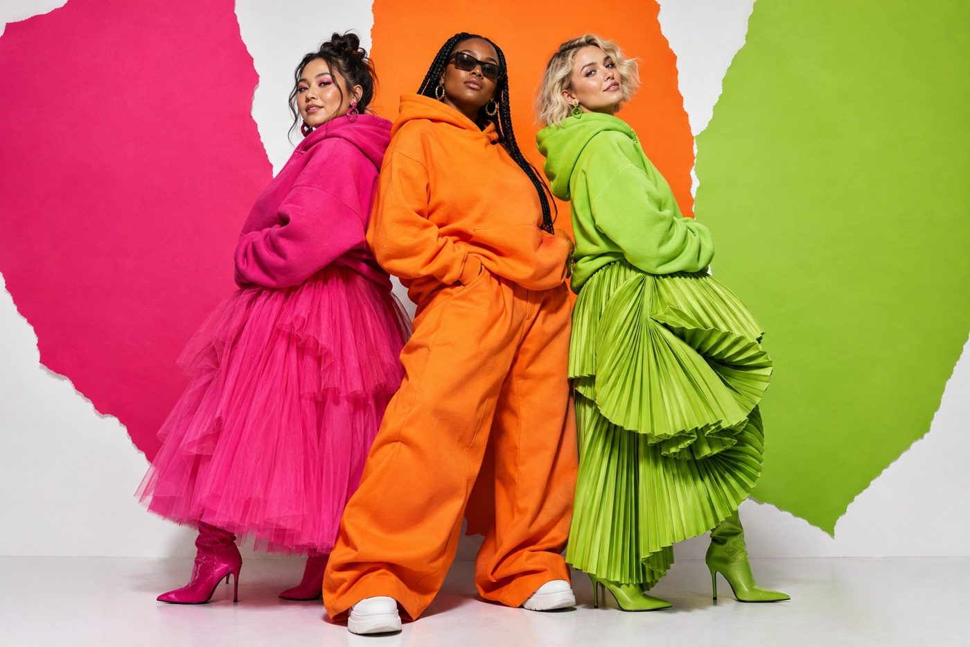 Tres creadoras espalda con espalda con sudaderas fucsia, naranja y lima